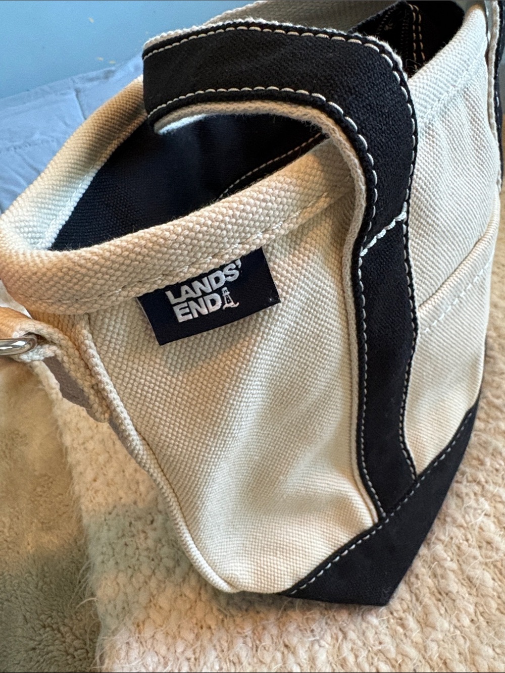 Lands End Small 3 Pocket Zip Top Canvas Tote Bag - Black/Natural - Picture 5 of 7